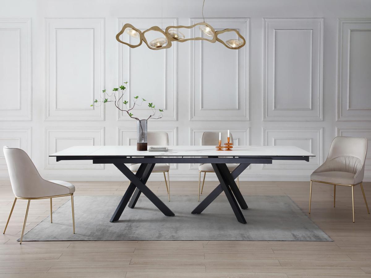 Vente-unique Table à manger extensible 8 à 12 personnes en verre trempé et céramique - Effet marbre blanc et noir - MARISO  