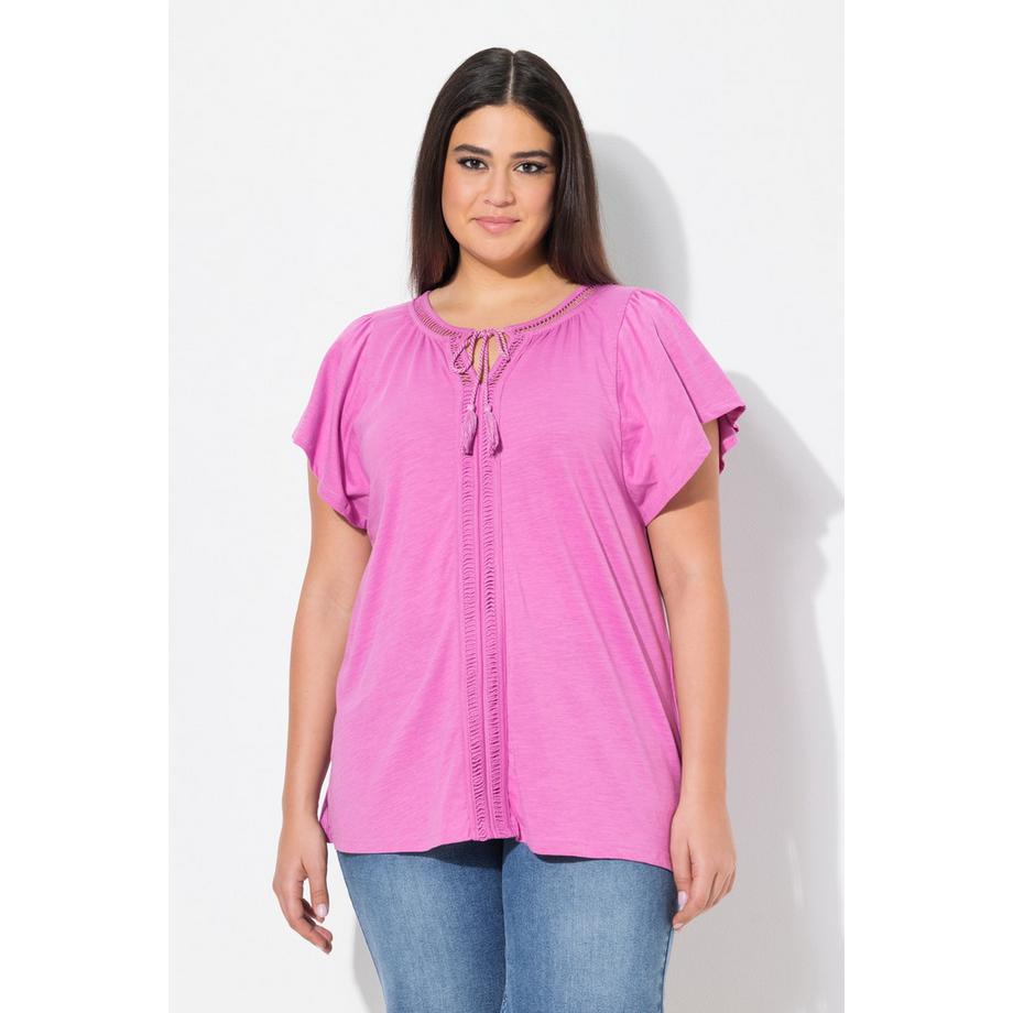 Ulla Popken T-shirt Galons Fantaisie Col Tunisien Manches Courtes Chauve-Souris  