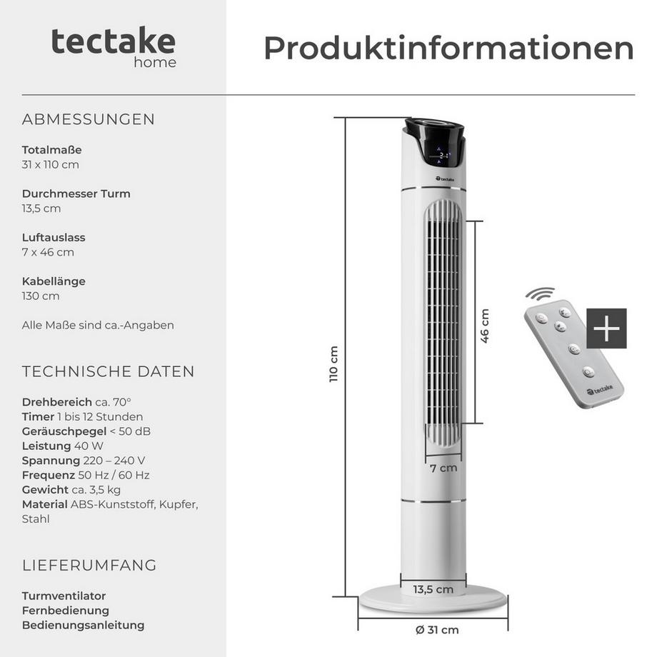 Tectake Turmventilator  oszilierend 3 Modi und 3 Geschwindigkeitsstufen  
