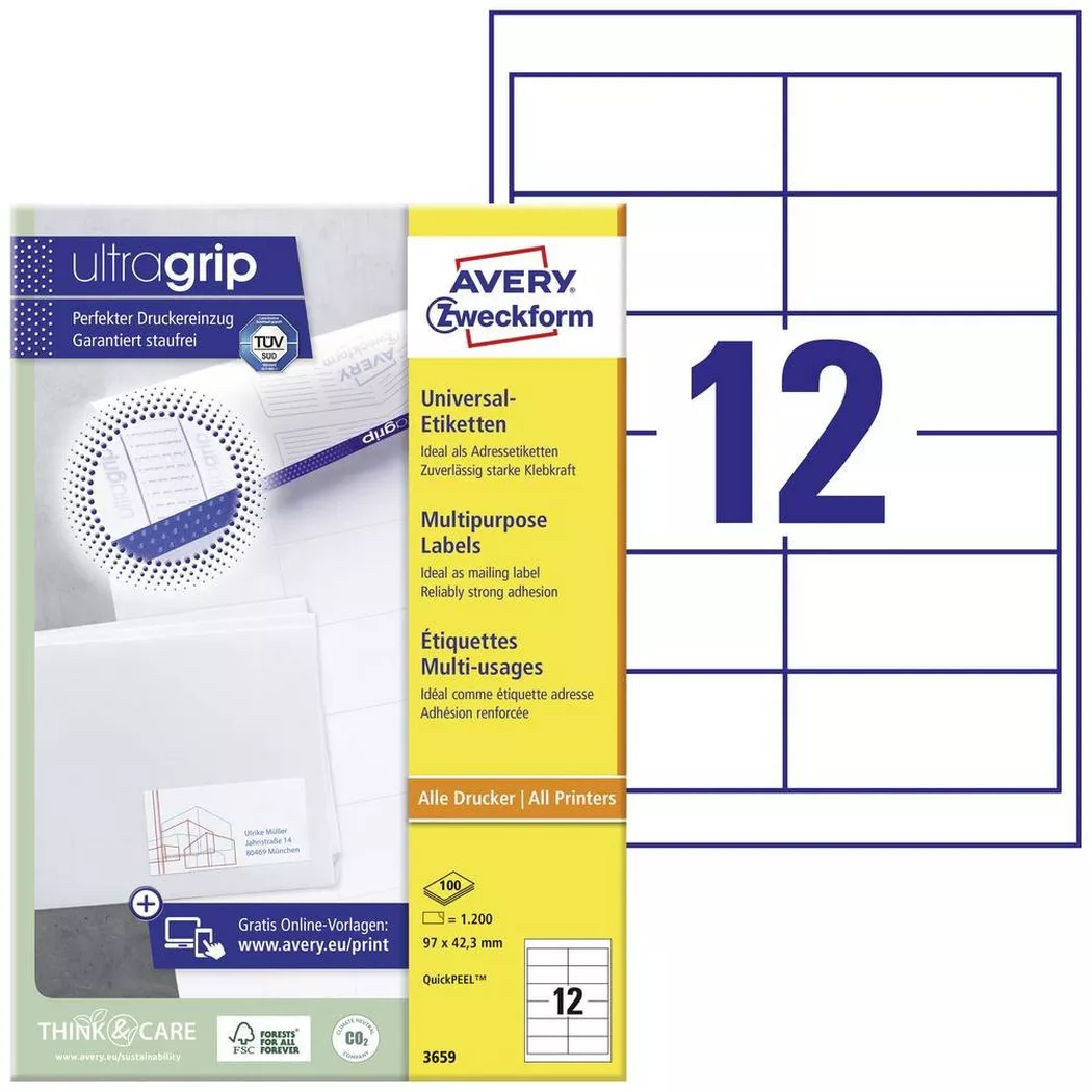 Avery-Zweckform – AVERY ZWECKFORM Universal-Etiketten 97×42.3mm, 1200 Stk., One Size, Weiss