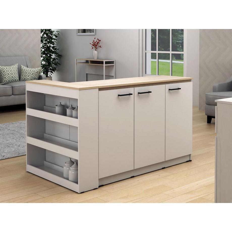 Vente-unique  Ensemble îlot central de cuisine + 2 tabourets - Blanc et Naturel clair - NUSICE 