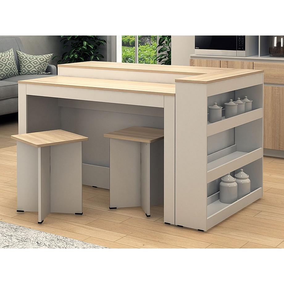 Vente-unique  Ensemble îlot central de cuisine + 2 tabourets - Blanc et Naturel clair - NUSICE 