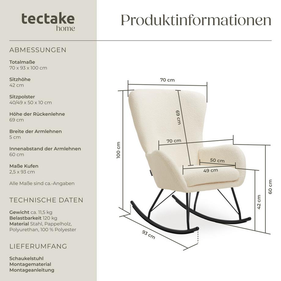 Tectake Schaukelstuhl   Swing dicke Polsterung, mit Bouclé-Bezug große Rückenlehne, abnehmbares Sitzpolster  