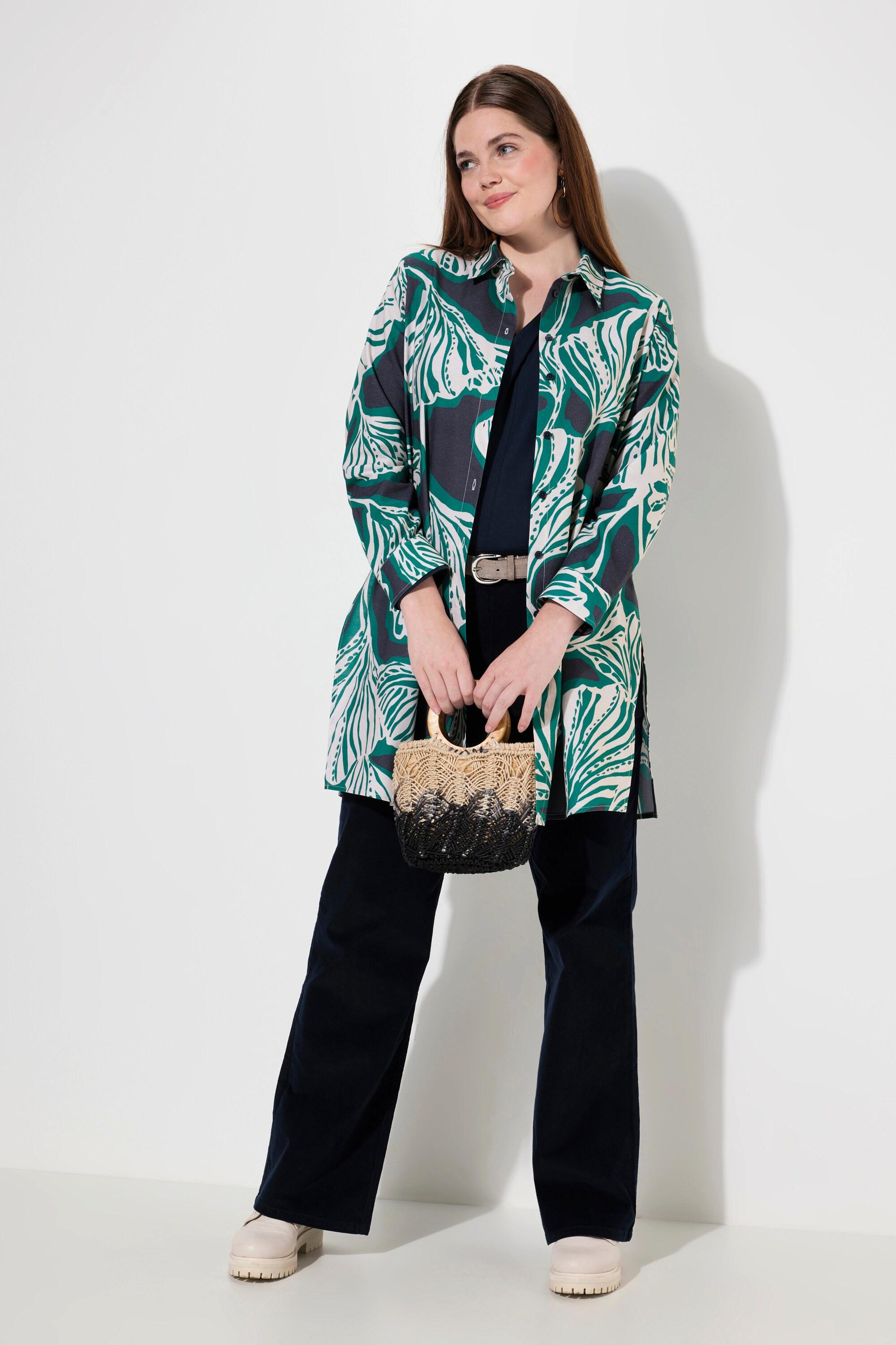 Ulla Popken Chemisier Long Motif Feuilles Col Chemise Manches Longues Coton Bio  