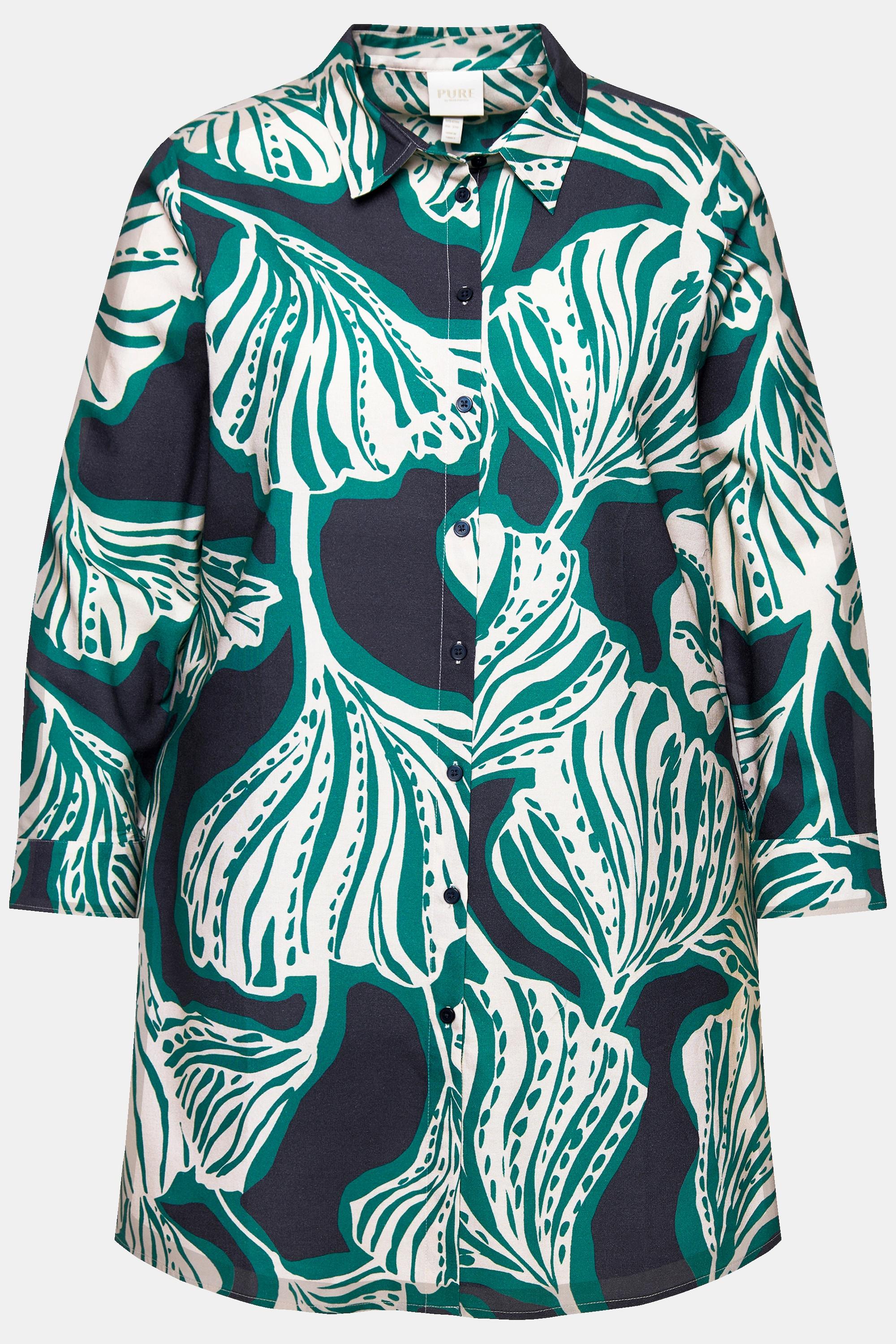 Ulla Popken Chemisier Long Motif Feuilles Col Chemise Manches Longues Coton Bio  