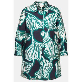 Ulla Popken Chemisier Long Motif Feuilles Col Chemise Manches Longues Coton Bio  