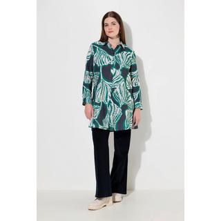 Ulla Popken  Blusa lunga in cotone biologico con foglie, colletto da camicia e maniche lunghe 