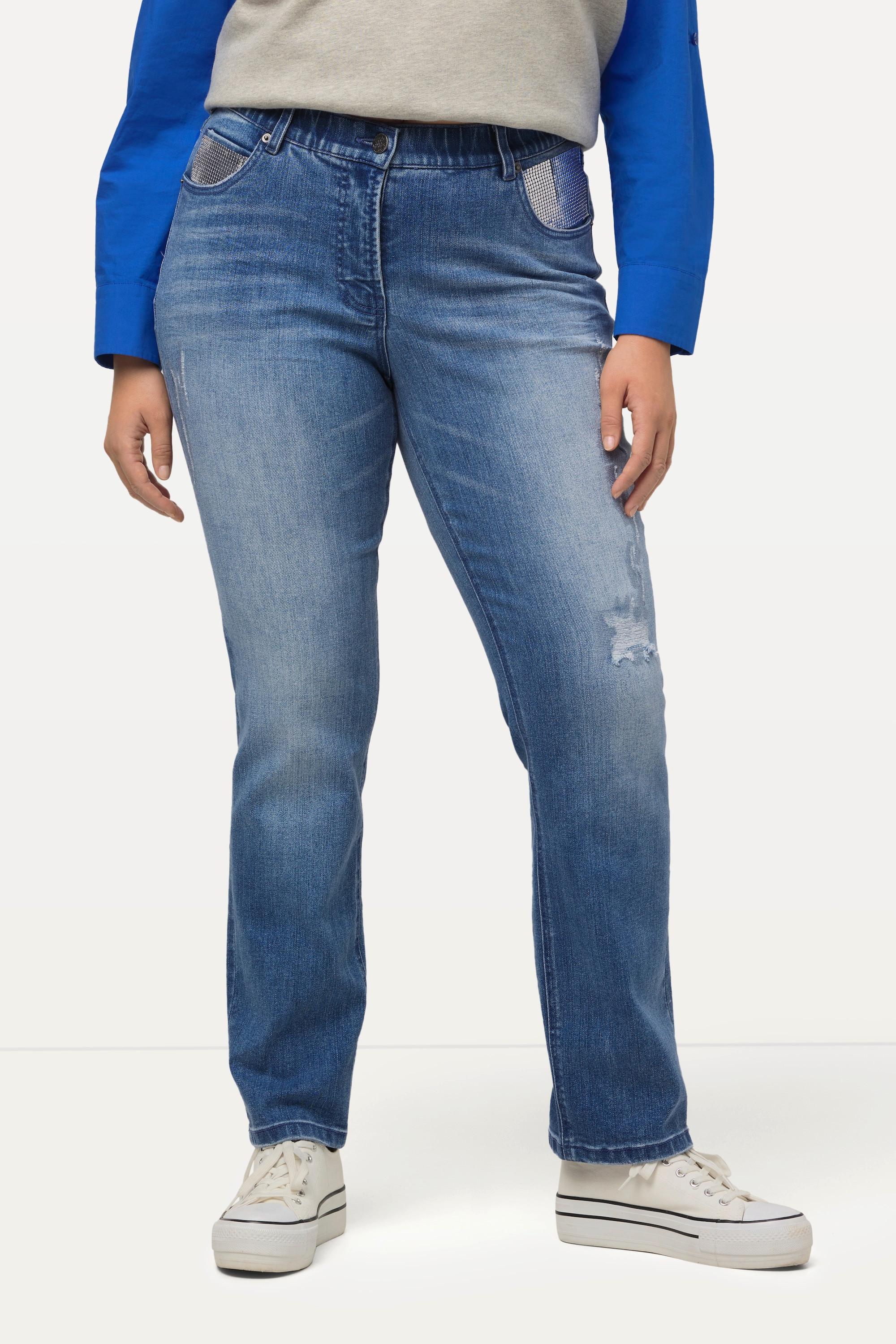 Ulla Popken  Jeans modello Sammy a vita alta elasticizzato con gamba aderente ed effetto destroyed 