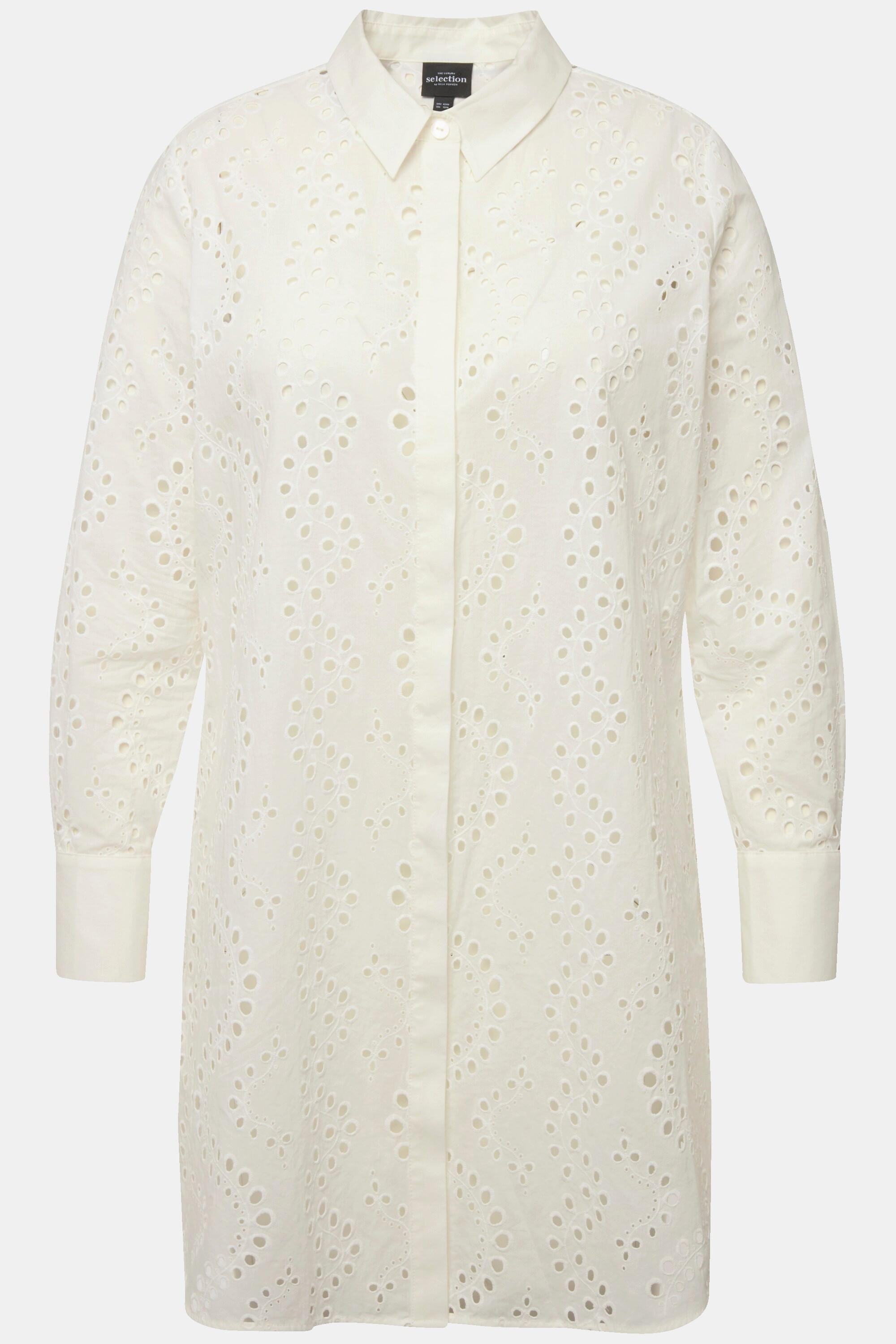 Ulla Popken  Blouse longue à col de chemise et manches longues, broderie ajourée 