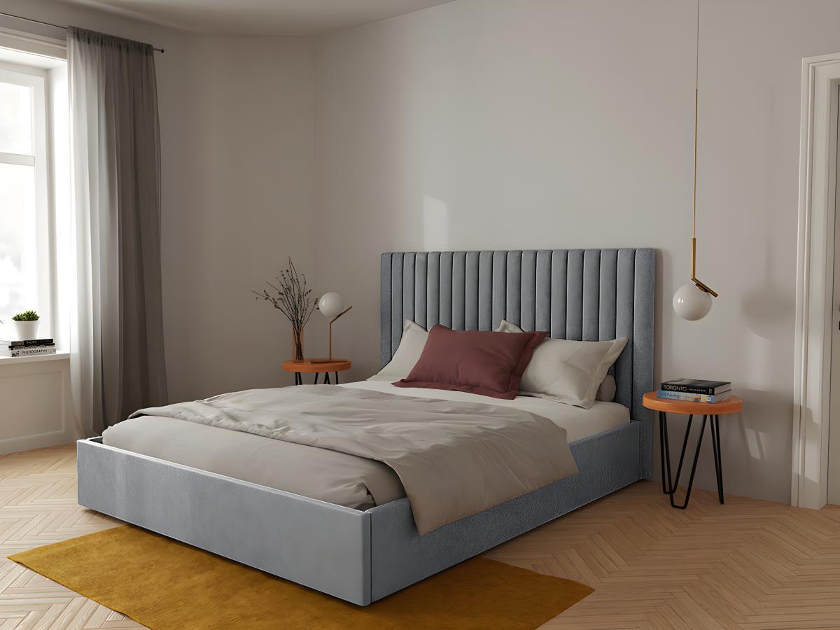 Vente-unique Bett mit Bettkasten 180 x 200 cm mit Kopfteil mit vertikalen Ziernähten + Matratze - Stoff - Grau - SARAH  