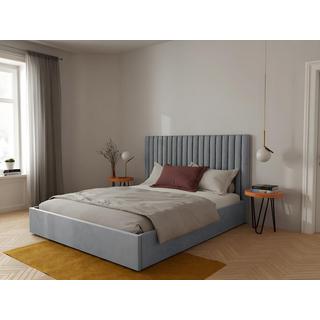 Vente-unique Bett mit Bettkasten 180 x 200 cm mit Kopfteil mit vertikalen Ziernähten + Matratze - Stoff - Grau - SARAH  