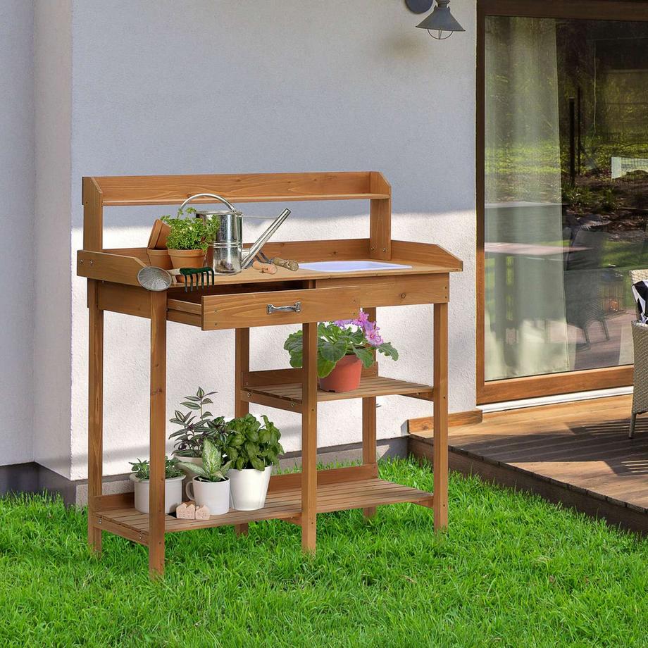 Northio  Pflanztisch Gärtnertisch Mit Wanne Aus Tannenholz, H112Cm, Für Gartenarbeit & Pflanzenpflege 