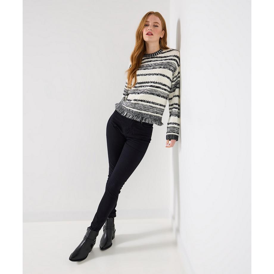 Schwarz-cremefarbener Streifenpullover mit Fransen