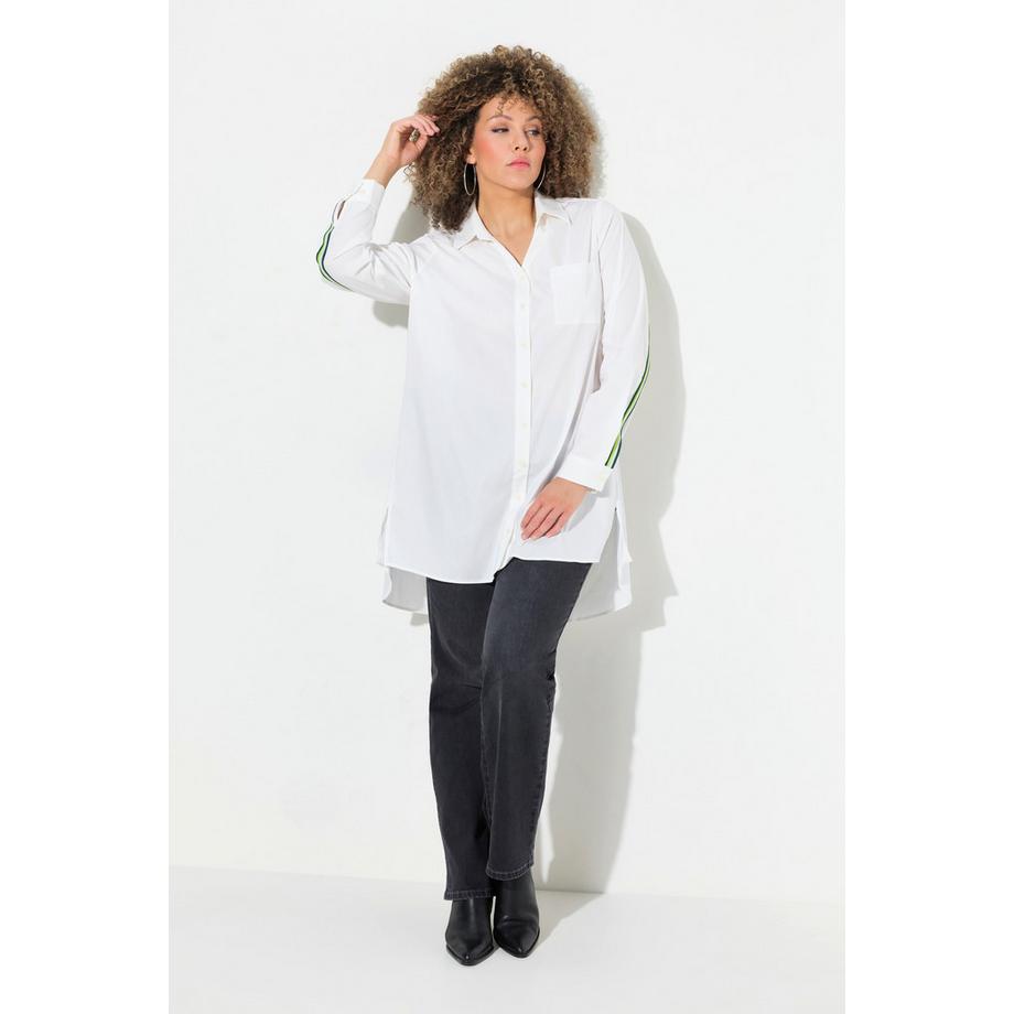 Ulla Popken Longbluse Zierbänder Hemdkragen V-Ausschnitt Langarm  