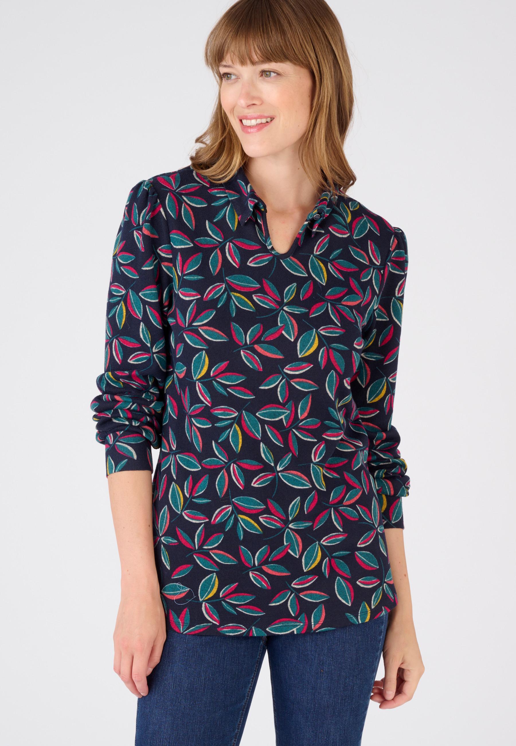 Image of Bedrucktes T-shirt Mit Polokragen Und Femininem Retro-schnitt. Damen Blau 34/36