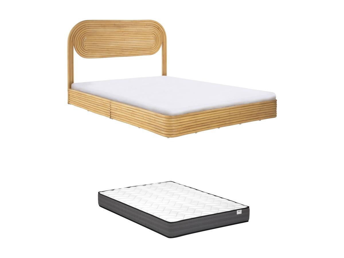Image of Bett + Matratze - 140 x 190 cm - Rattan - Holzfarben - FARENI Bett + Matratze - 140 x 190 cm - Rattan - Holzfarben - FARENI