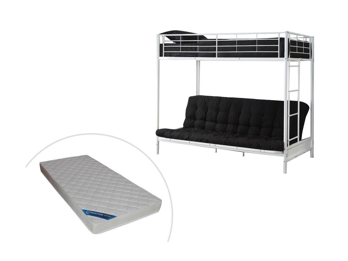 Vente-unique Letto a soppalco 90 x 190 cm con divano letto Metallo Bianco + Futon + Materasso - MODULO V  