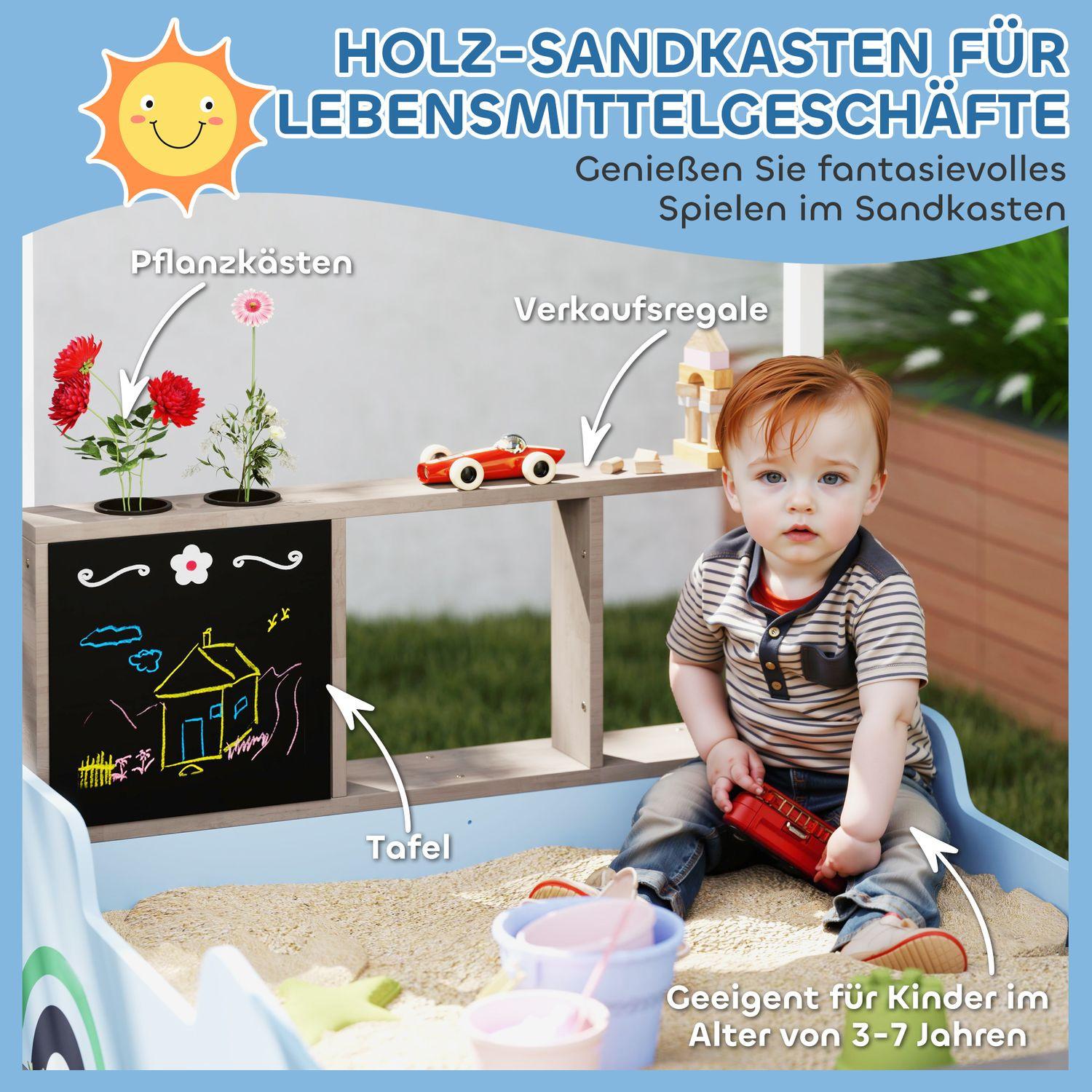 Northio  Sandkasten mit Dach, 90 x 108 cm Sandkiste aus Holz Sandbox mit Sitzbank, Zeichentafel, Pflanzkästen, Einkaufsladen-Design für 2 Kinder 3-7 Jahre Blau Aosom 