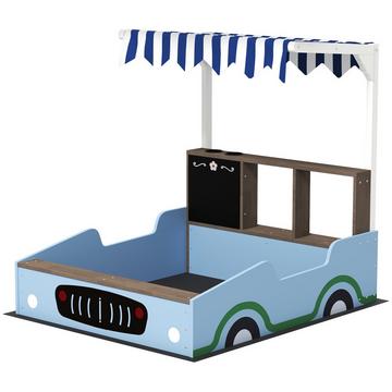 Sabbiera con tetto, Sabbiera in legno 90 x 108 cm Sabbiera con panca, tavolo da disegno, fioriere, design per negozio per 2 bambini 3-7 anni Blu