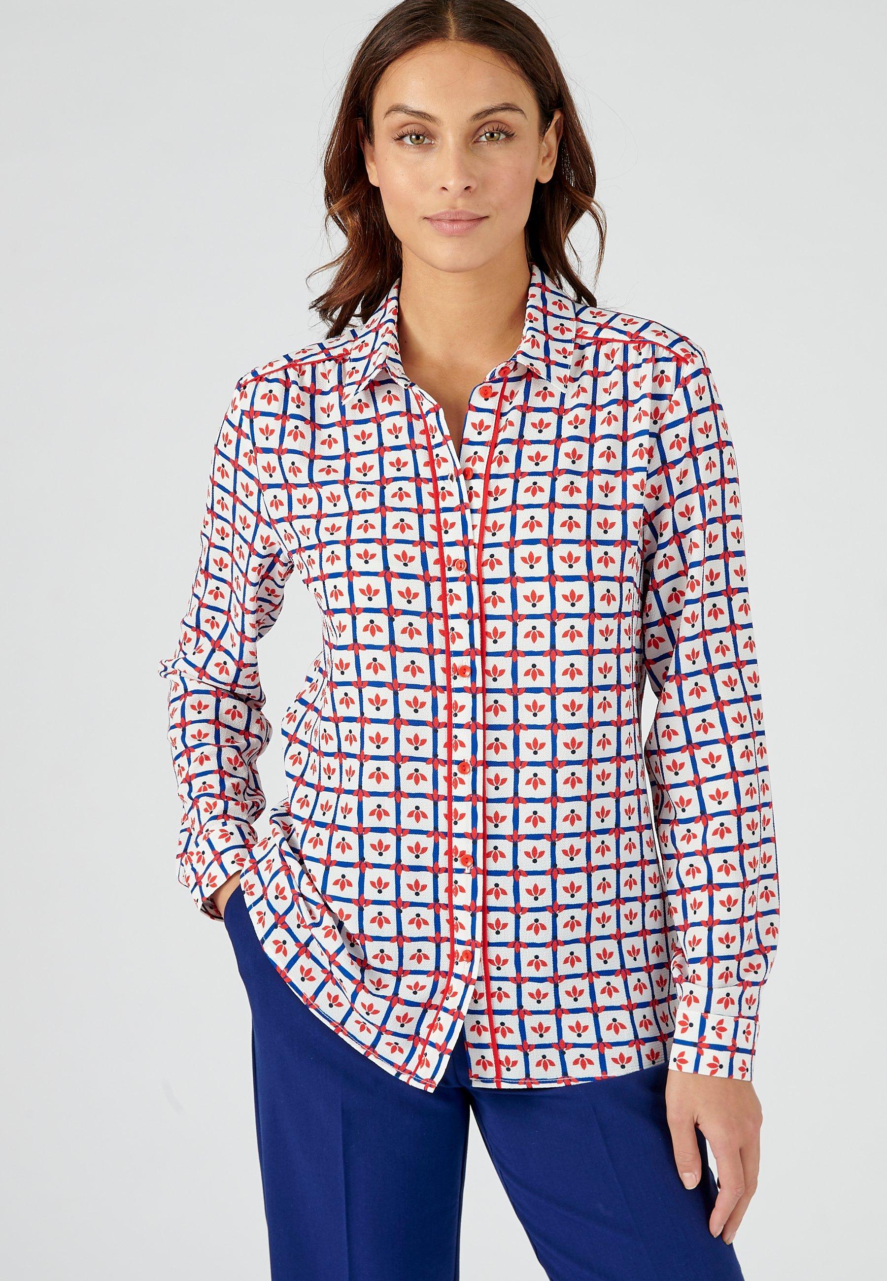 Image of Bluse Aus Plastischem Crêpe Mit Blumen- Und Karomotiv. Damen Blau 52