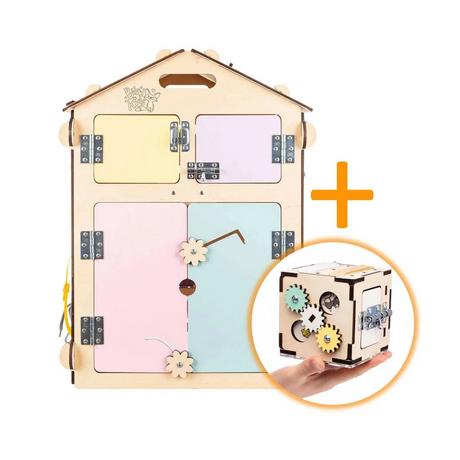 Montessori  Set - BusyBoard Häuschen Natur/Pastell und kreativer Würfel 