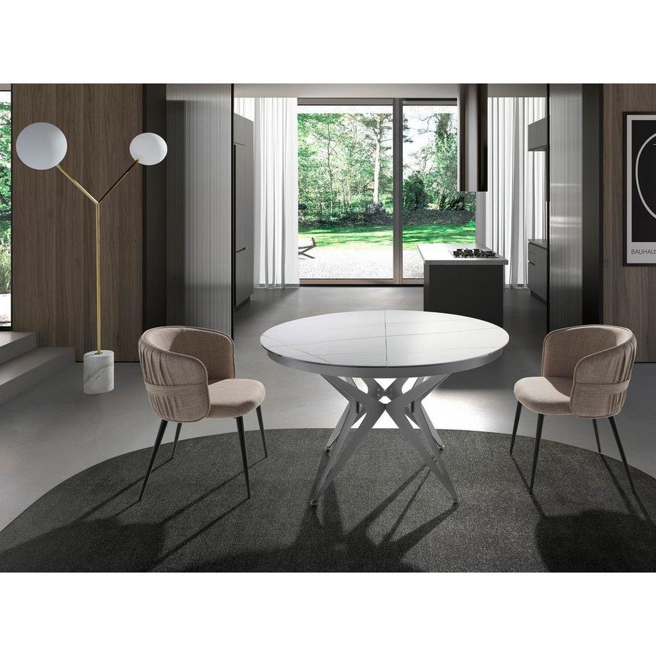 ANGEL CERDA Table de salle à manger ronde à rallonge en marbre porcelaine et acier gris  