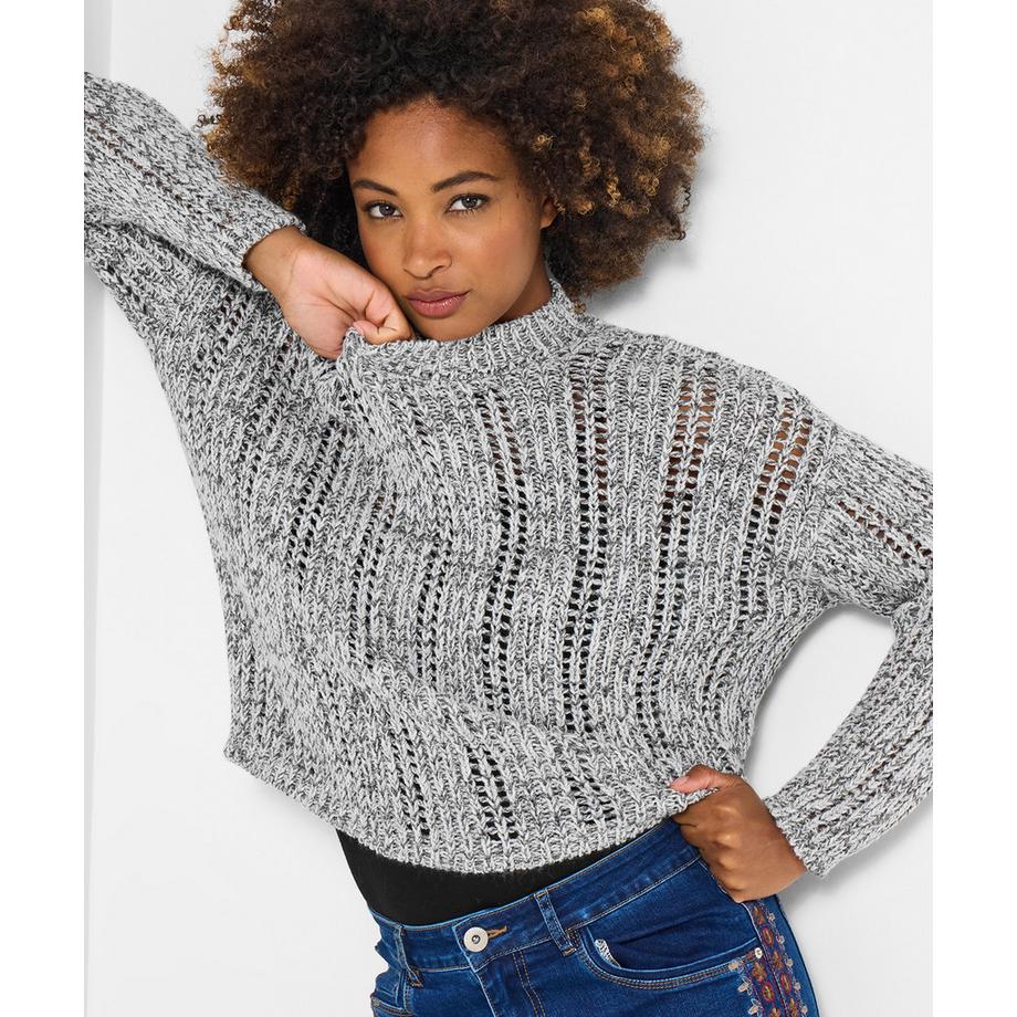 Rundhals-Pullover in Lochstrick-Optik