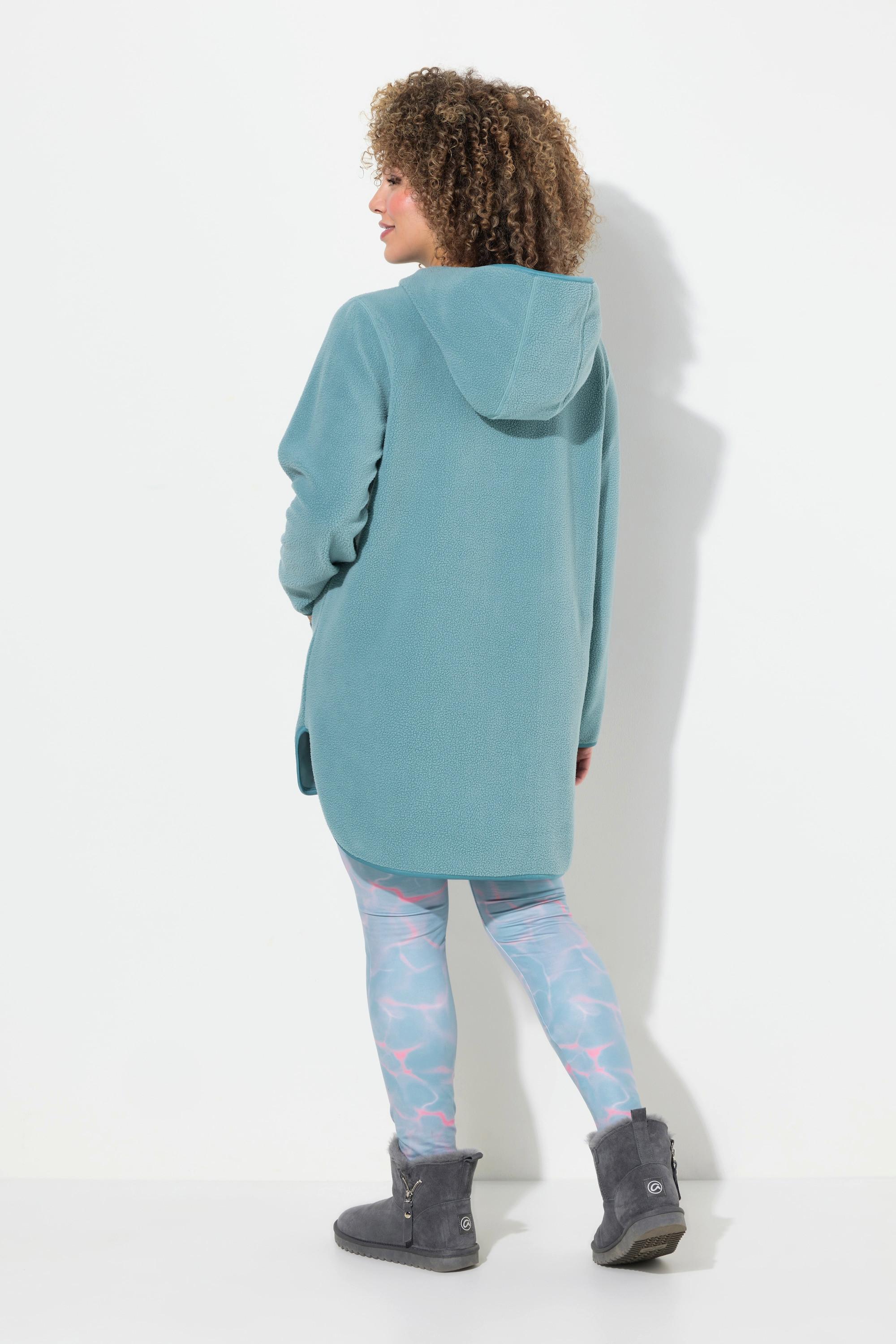 Ulla Popken Pullover Lungo in Pile Teddy con Cappuccio e Cerniera  