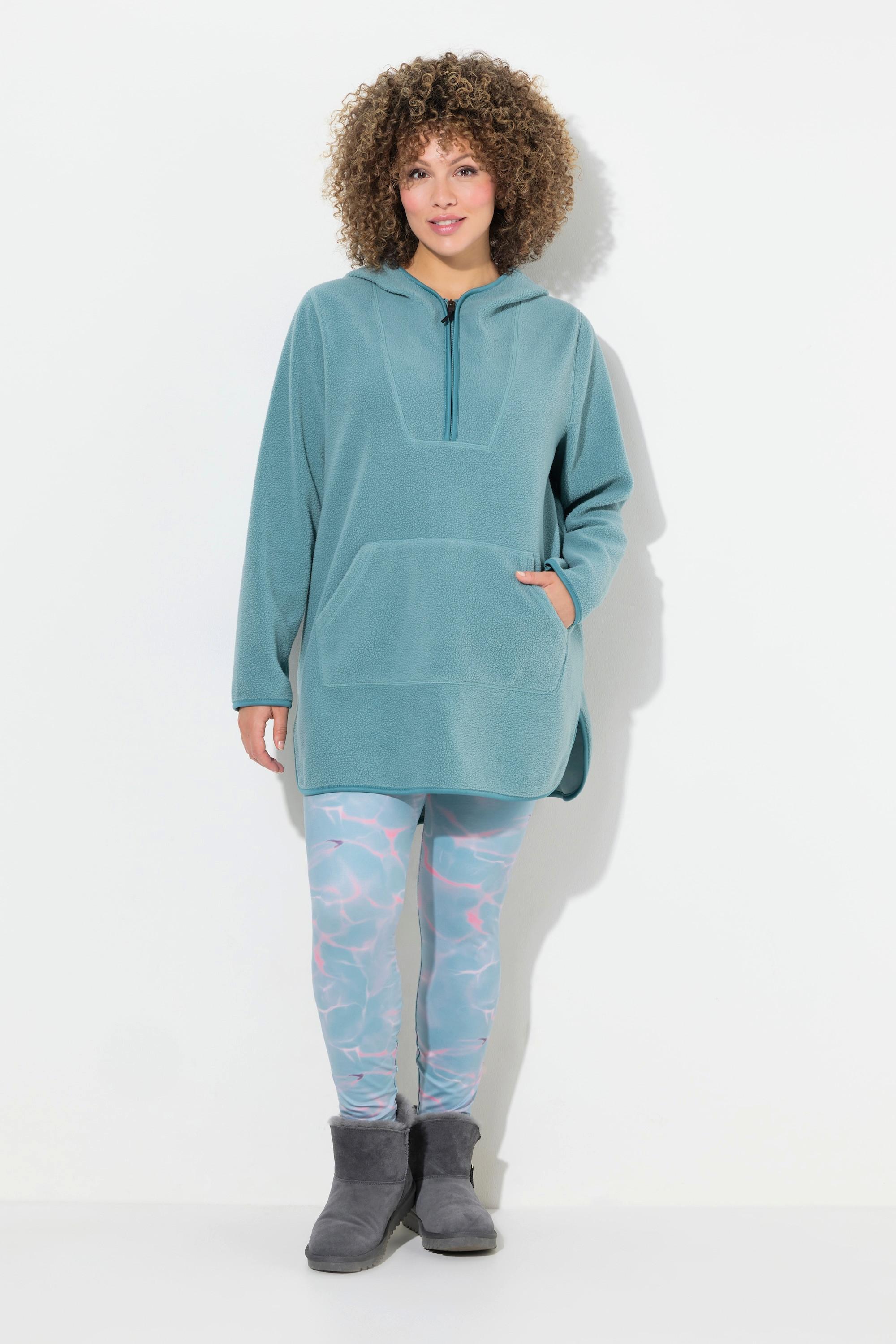 Ulla Popken Pullover Lungo in Pile Teddy con Cappuccio e Cerniera  