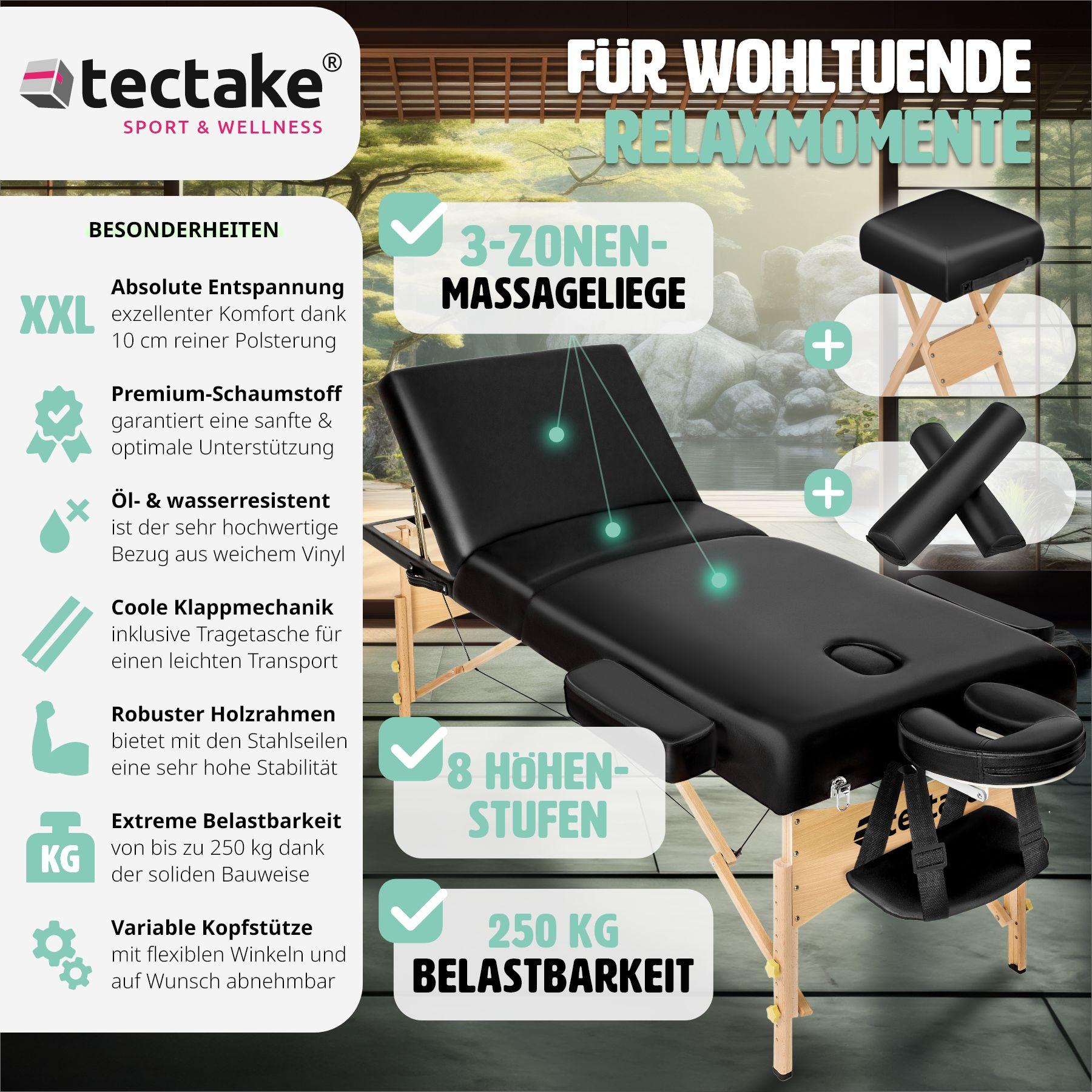 Tectake 3 Zonen Massageliege-Set mit 10cm Polsterung, Lagerungsrollen und Holzgestell  