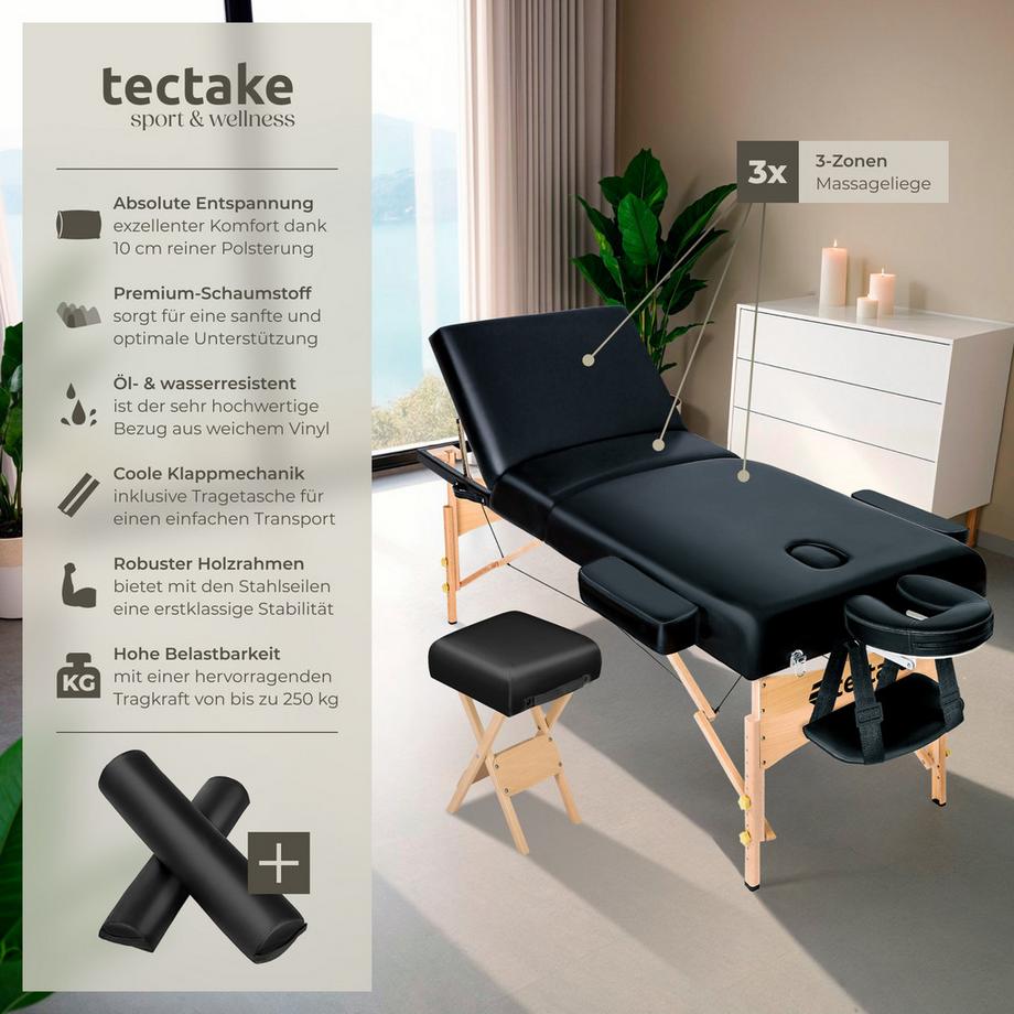 Tectake 3 Zonen Massageliege-Set mit 10cm Polsterung, Lagerungsrollen und Holzgestell  
