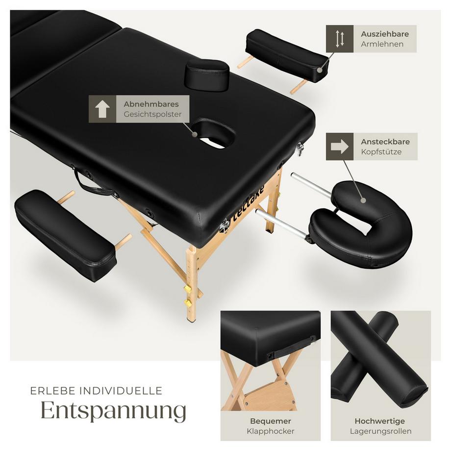 Tectake 3 Zonen Massageliege-Set mit 10cm Polsterung, Lagerungsrollen und Holzgestell  