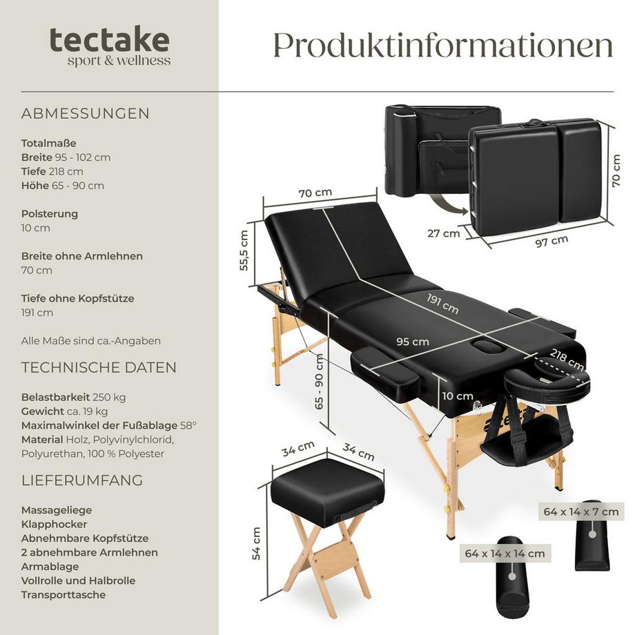 Tectake Set de tables de massage portable pliante à 3 zones  largeur 70 cm et rembourrage de 10 cm  