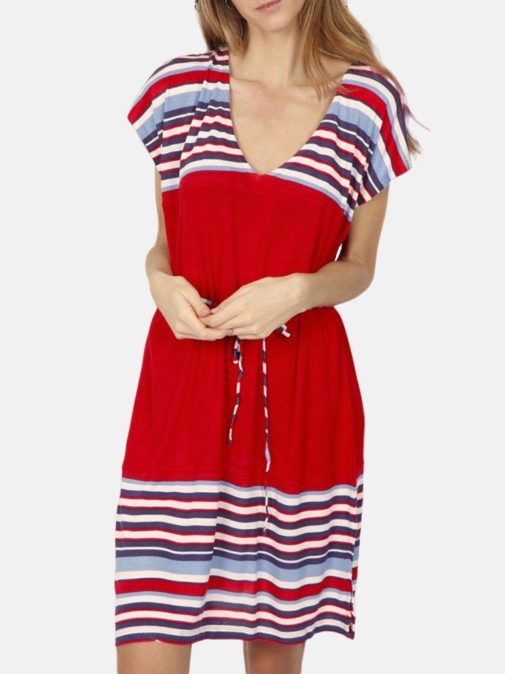 Image of Kurzärmeliges Sommerkleid Elegant Stripes Damen Rot Bunt M