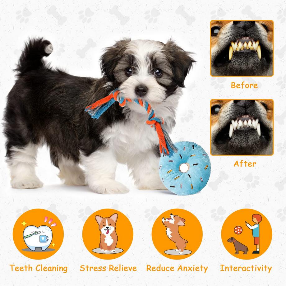 Activity-board  Packung mit 8 quietschenden Plüschhundeseilen, Welpenspielzeug, kleine Welpen, waschbar, natürliche Baumwolle und ungiftig 