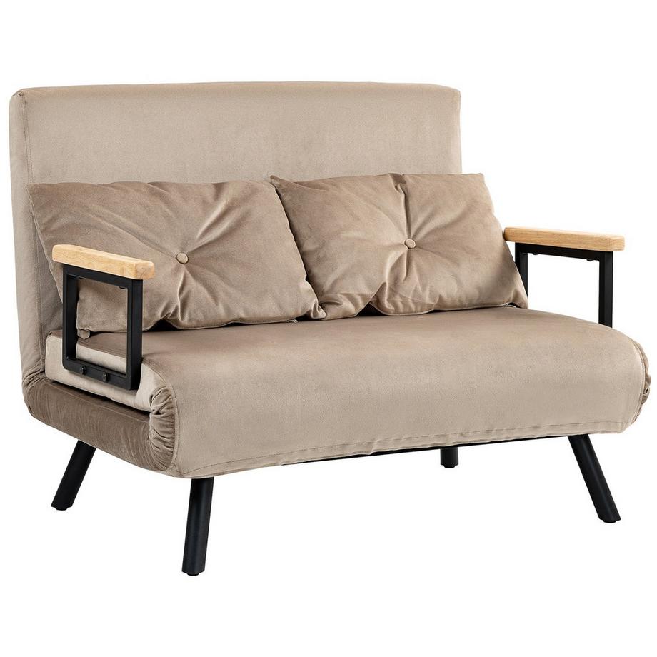 Northio 2er Sofa mit Schlaffunktion, 102x73x81cm, mit fünffach verstellbarer Rückenlehne, Wurfenkissen, rutschfesten Füße, Samtoptik, Hellbraun  