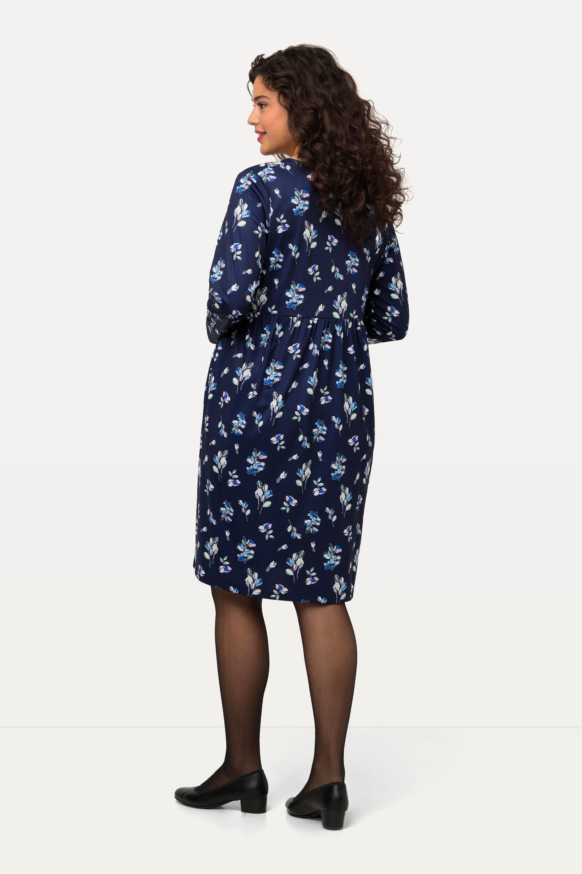 Ulla Popken  Robe courte en jersey à col rond et manches longues, motif floral 