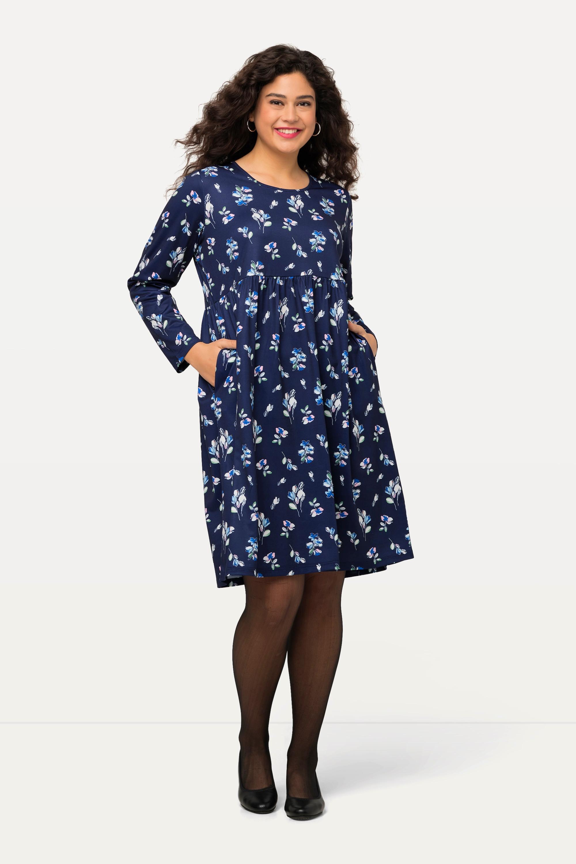 Ulla Popken  Robe courte en jersey à col rond et manches longues, motif floral 