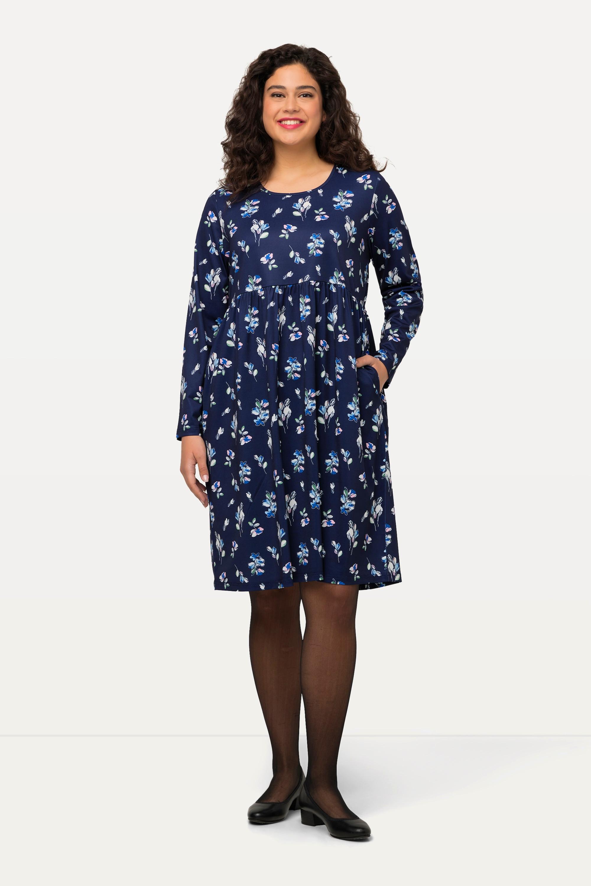 Ulla Popken  Robe courte en jersey à col rond et manches longues, motif floral 