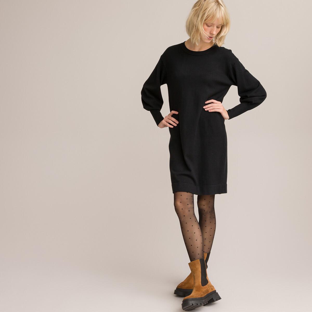 Image of Kurzes Strickkleid Mit Rundhals Und Langen Ballonärmeln Damen Schwarz S