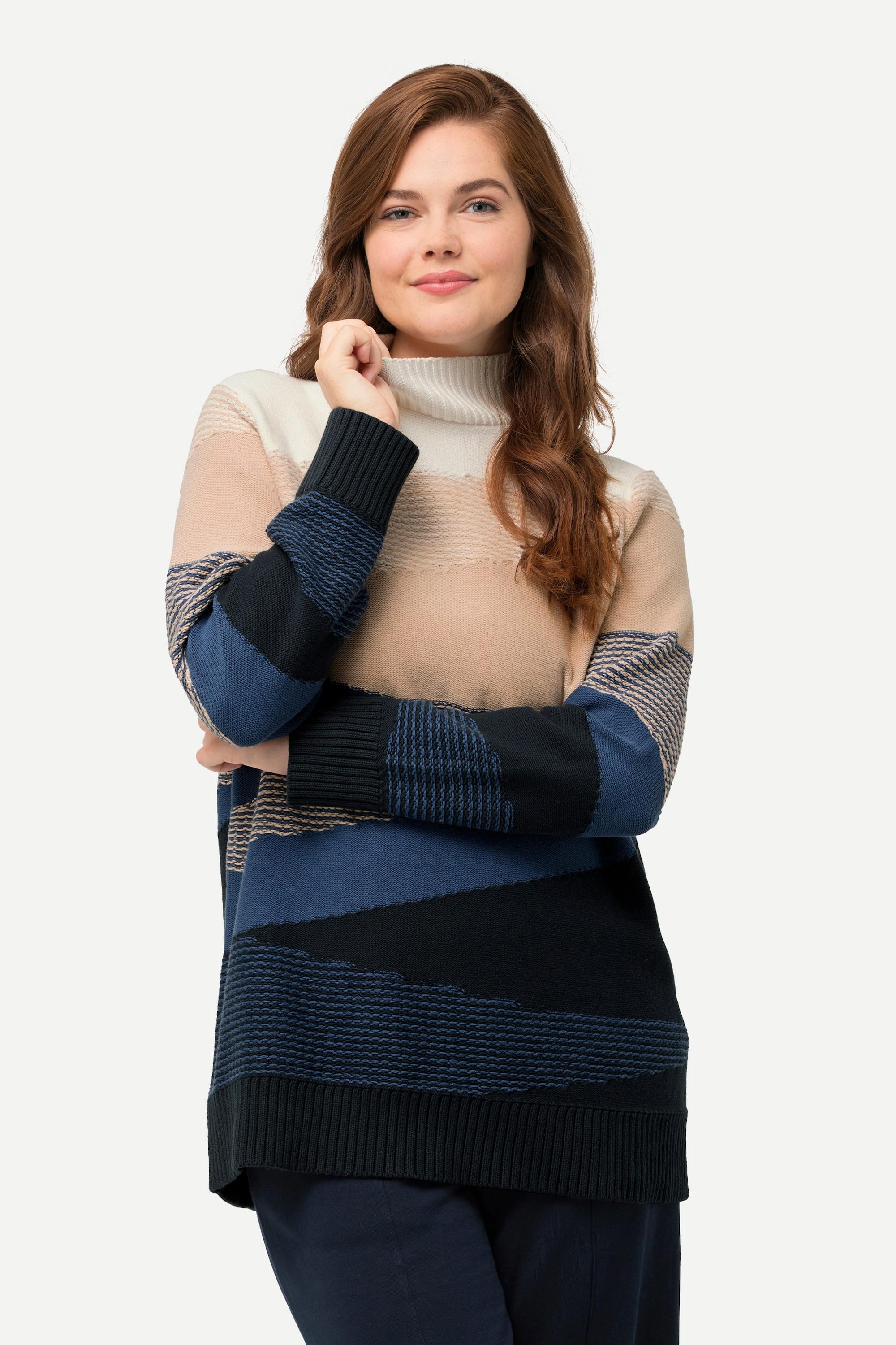 Ulla Popken  Maglione in jacquard di cotone biologico con collo alto e maniche lunghe 