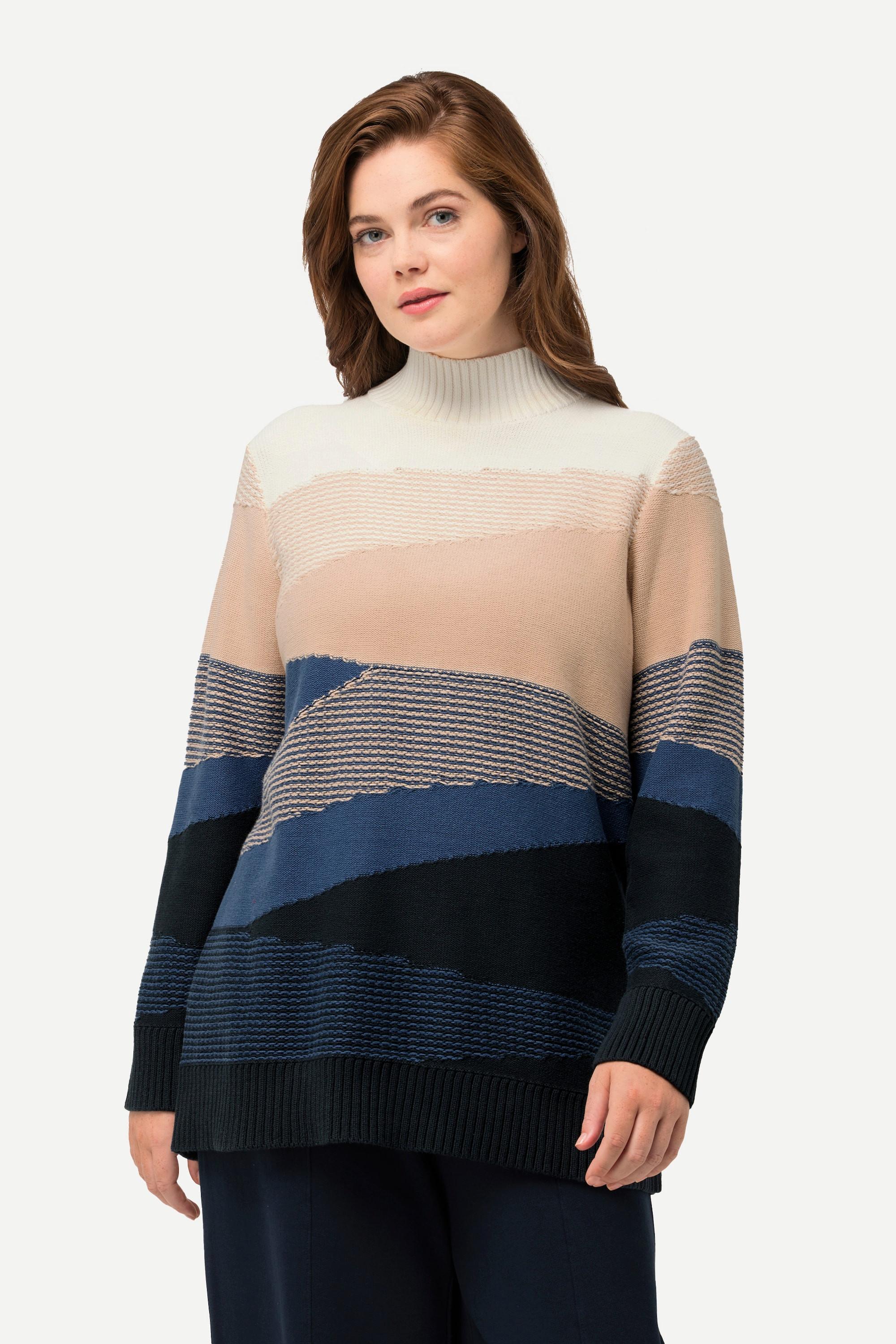 Ulla Popken  Maglione in jacquard di cotone biologico con collo alto e maniche lunghe 