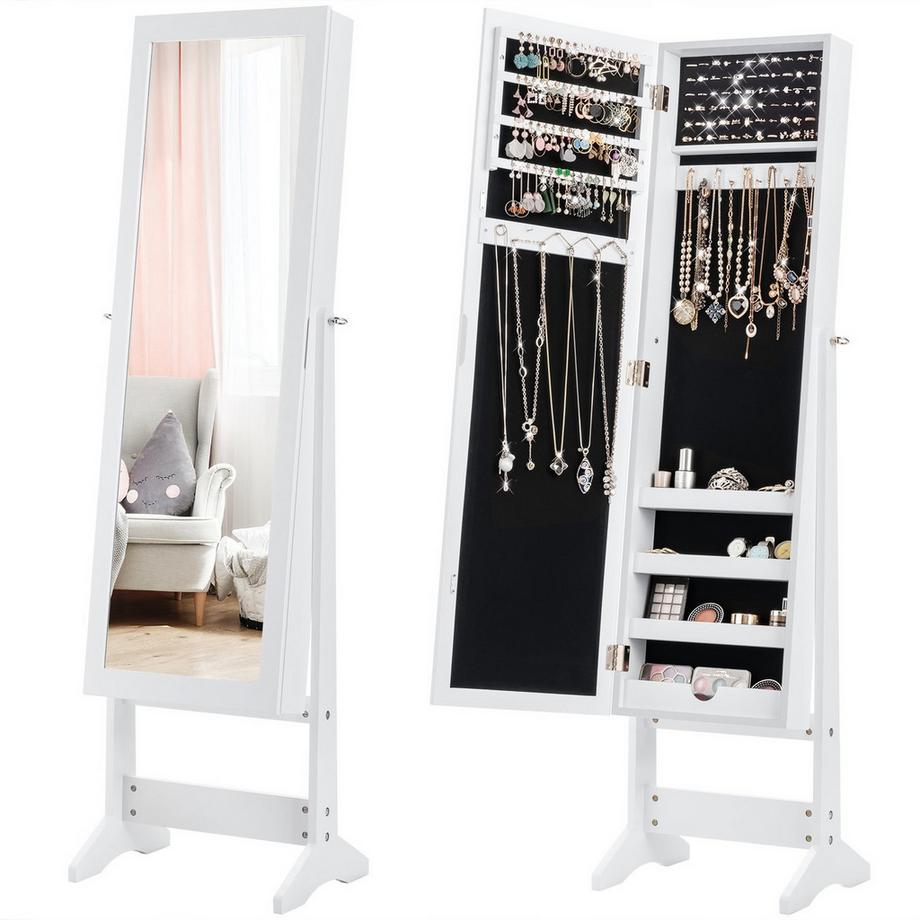 Northio Armoire à bijoux, étagère à bijoux, miroir pleine longueur, armoire à miroir, inclinable, blanc  