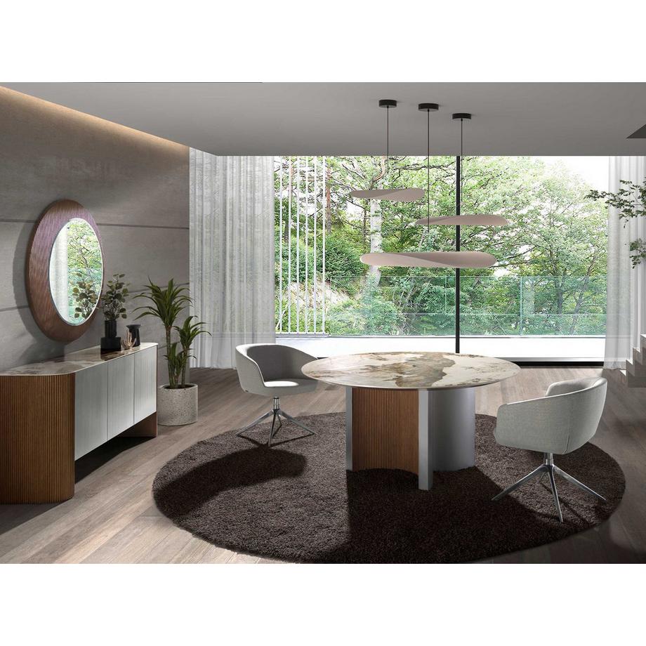 ANGEL CERDA Table de salle à manger ronde en marbre porcelaine, noyer et bois argenté  
