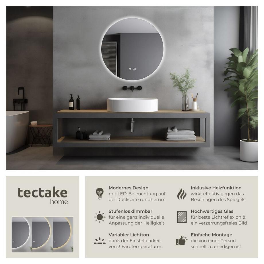 Tectake Miroir de salle de bain rond à LED AURORA design sans cadre en 3 tailles  