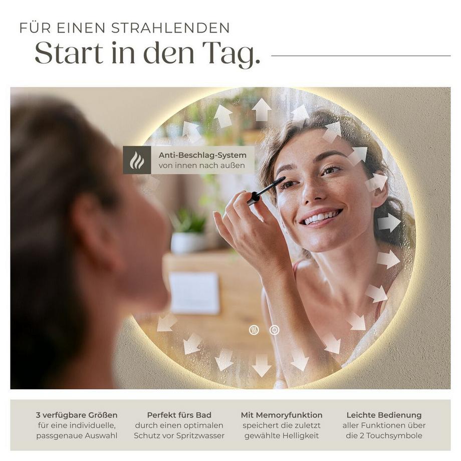 Tectake Miroir de salle de bain rond à LED AURORA design sans cadre en 3 tailles  