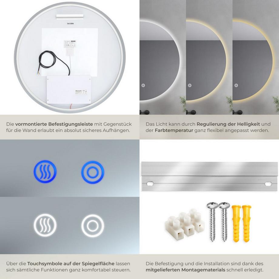 Tectake Miroir de salle de bain rond à LED AURORA design sans cadre en 3 tailles  
