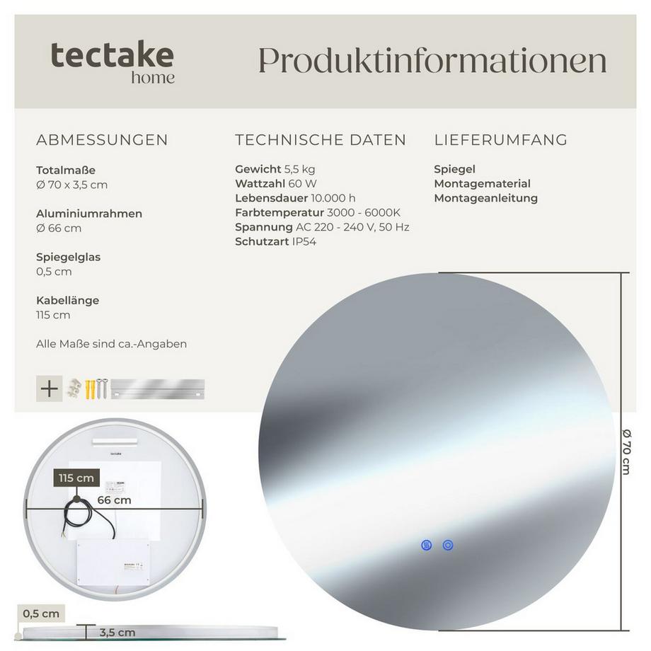 Tectake Miroir de salle de bain rond à LED AURORA design sans cadre en 3 tailles  