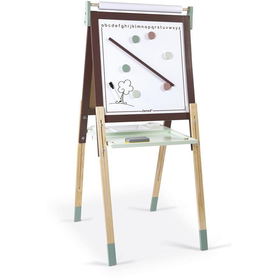 Janod  Tafel aus Holz Double Face Taupe und Skalierbar, höhenverstellbar Magnetisches Whiteboard + Schiefer für Kreide 13 Zubehörteile im Lieferumfang enthalten Ab 3 Jahren, J09632 