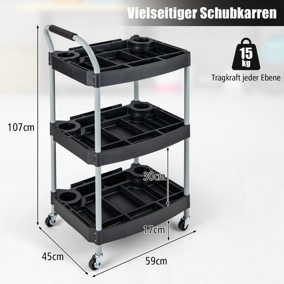 B2X Werkstattwagen Rollwagen mit 3 Etagen Werkzeugwagen mit abgetrennten Fächern 59 x 45 x 107 cm Schwarz  